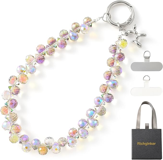 Crystal Phone Wrist Strap Phone Charm Chain Keychain Beaded Cellphone Lanyard with Tether Tab Hands-Free Wristlet Bracelet Wrist Grip Strap for Women, D-Light Purple