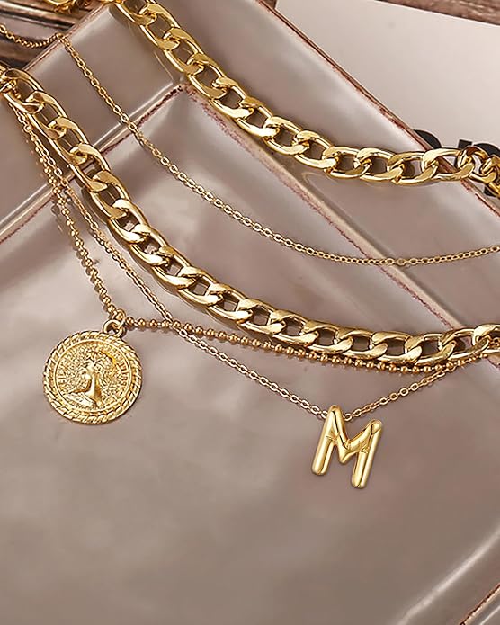 MJartoria Layered Necklaces for Women Trendy Balloon Initial Coin Pendant Necklace Dainty Chunky Chain Choker Necklaces Jewelry Birthday Gifts