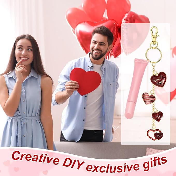 VioraWhite 213 Pcs Valentines Theme Lip Gloss Keychain Making Kit 100 Pink Enamel Charms 32.81 ft Gold Chains for Galentines DIY Crafts Women