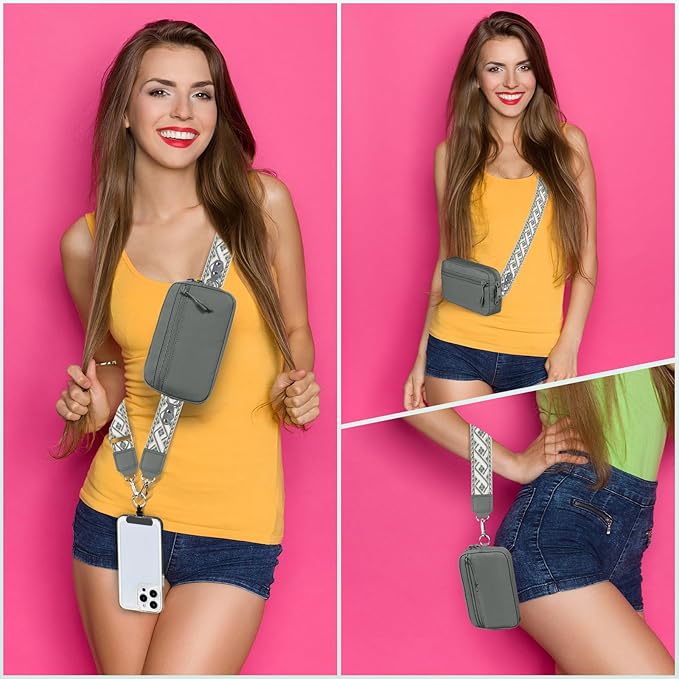 Clip and Go Strap for Phone with Wallet Crossbody, Adjustable Phone Lanyard with Detachable RFID Wristlet Wallet, Pattern Strap - Grey(L)