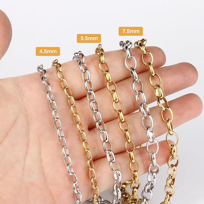 16.5FT Gold Oval Rolo Chains Roll, 4.5mm Width 18K Gold PVD Plated 304 Stainless Steel Oval Cable Link Chain Bulk Spool for Jewelry Making DIY Craft