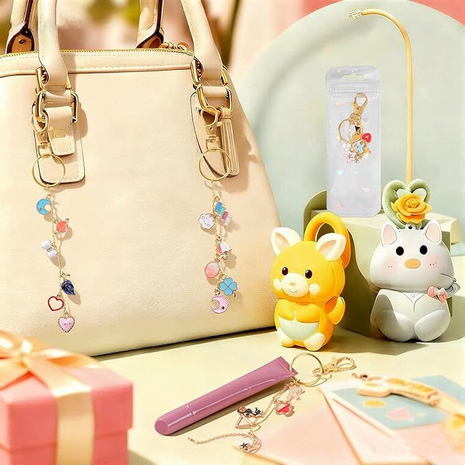 Sileasncei 277Pcs Charms Lip Gloss Keychain Making Kit, DIY Bag Charm Kit with 100 Enamel Charms, Keychain Clips, Chains, Jewelry Pliers, Hole Punch & Gift Bags for Custom Keychains Making Supplies