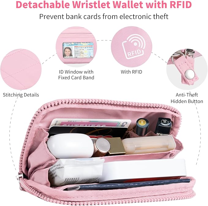 Clip and Go Strap for Phone with Wallet Crossbody Phone Lanyard with Anti-Theft Zipper Pouch Detachable Quilted Wrist Wallet with RFID and ID Window for Daily Travel. Pink Large