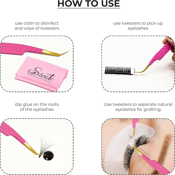 SIVOTE Fiber Tip eyelash tweezers for lash extensions with Diamond Grip, Pink, Set of 4 - Precise Tips Japanese Steel for Classic, Volume & Mega Volume Lashes, Anti-Rust - Ideal for Lash Artists