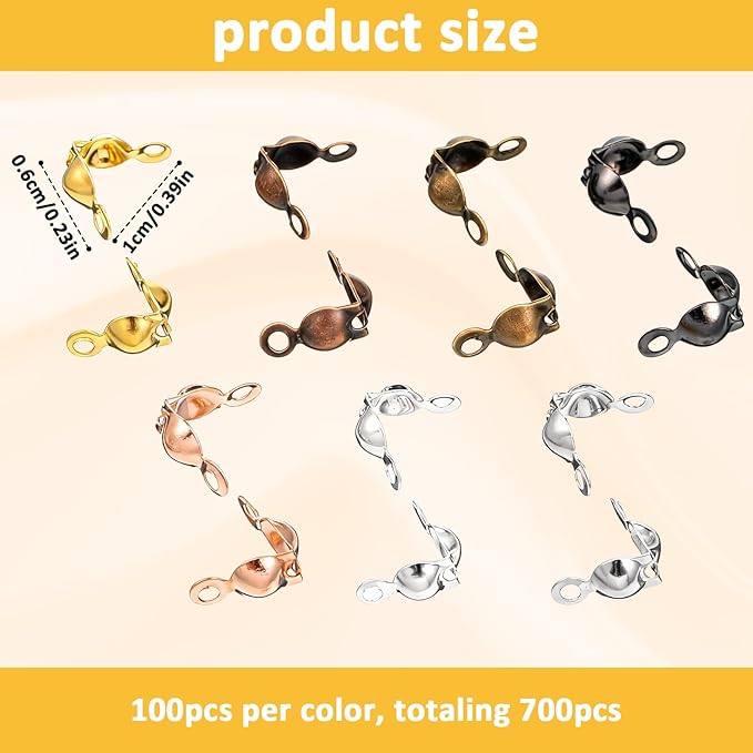 700 Pieces Crimp Beads Calotte Ends for Jewelry Making, 7 Colors Clamshell Bead Tips Open End Caps Knot Covers for DIY Bracelet Necklaces Earrings Keychains