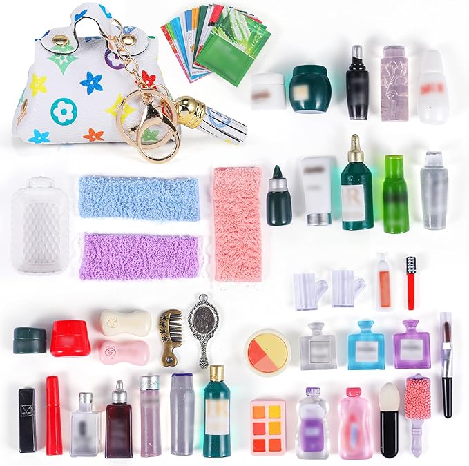62 Pcs Miniature 1: 12 Scale Dollhouse Decoration Accessories Include Dollhouse Toothbrush Toothpaste Towel Mask Soap Lipstick Comb Shampoo Lotion Cleansing Cream Perfume Bag