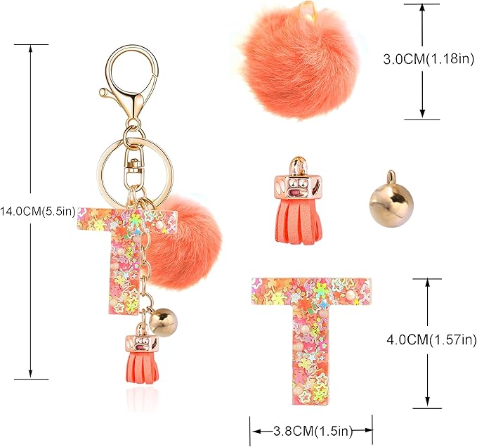 Resin Alphabet Initial Letter Keychain Keyring for Women Purse Handbags With Fur Ball Pom