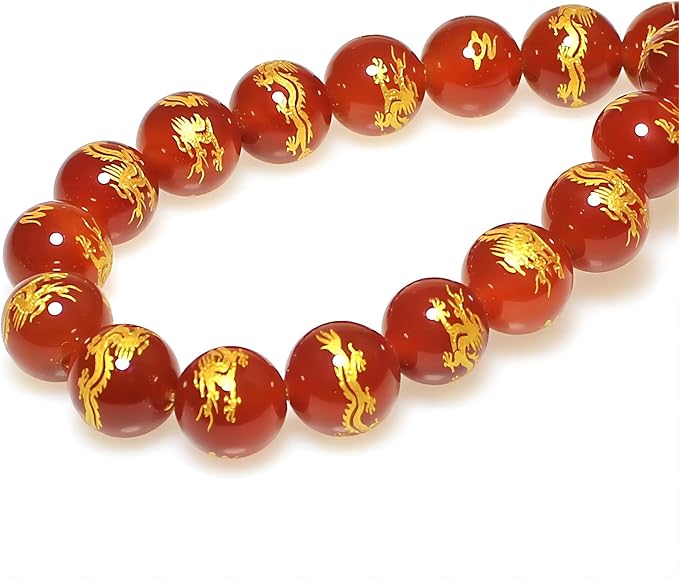 MJDCB Natural Stone Beads 14mm 25pcs Round Red Agate Carved Dragon Loose Gemstone Bead Charms for Jewelry Making Bracelet Necklace Earring Pendant