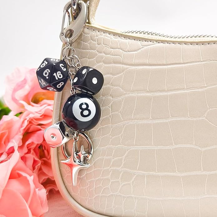 Y2K Keychain for Women, 8 Ball Dice Charm with Carabiner Clip - Cute Goth Core Keychain Bag Charm for Keys Bags Jeans