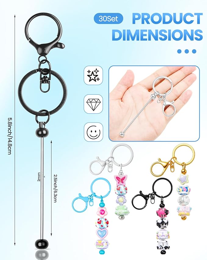30pcs Beadable Keychains keychain bulk kit cute blank bead keychain strip DIY men's and women's making supplies crafts, jewelry, bag accessories, customized project gifts (Black)