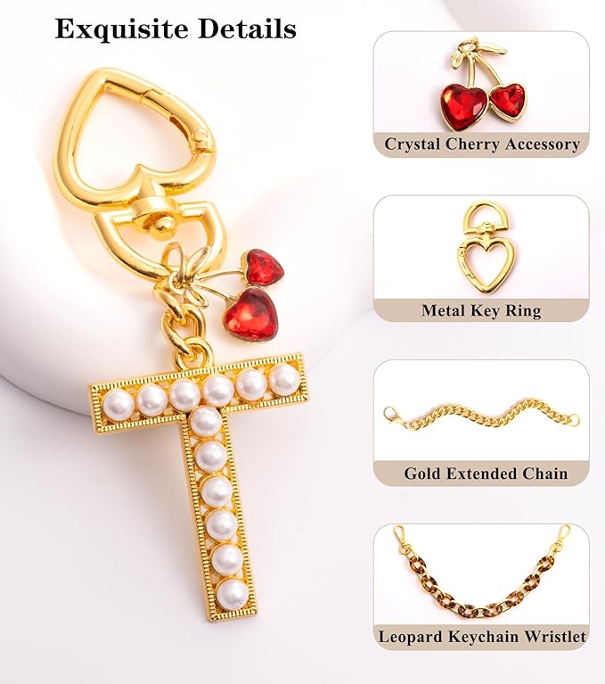 Pearl Initial Keychain with Leopard Bag Charms Wallet Chain Women Cute Alphabet Keychains Charm for Purse Handbag