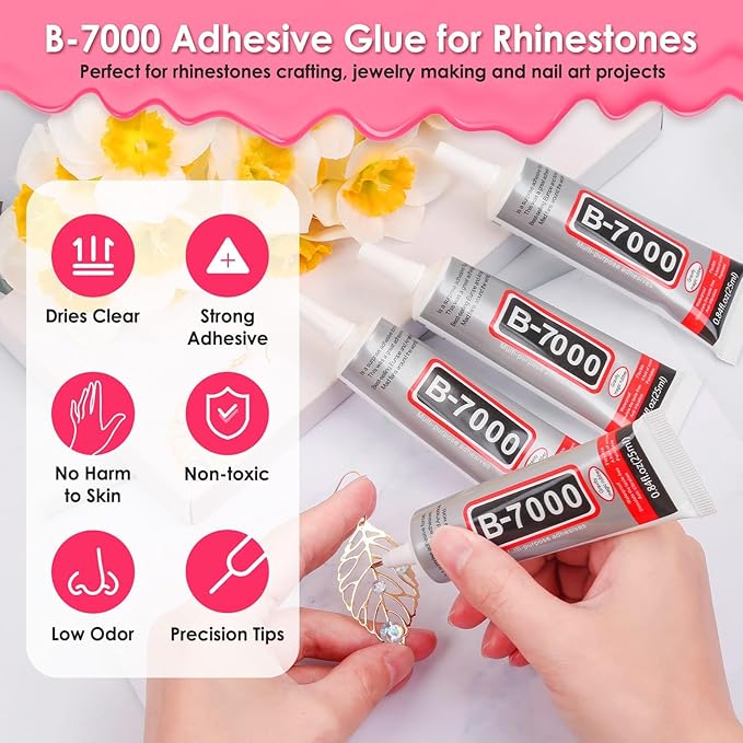 B7000 Glue Clear with Precision Tip, 4 Pcs 25mL Jewelry Bead Gem Tac Glue, Bedazzling Adhesive with Clear Rhinestones, Dotting Pen Tool for Jewelry Making Clothe Fabric Shoes DIY Crafts Nail Art