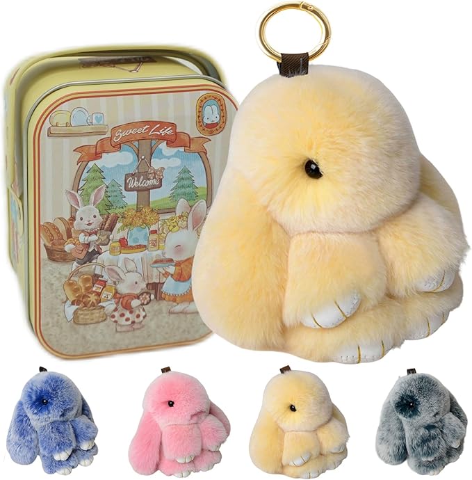 Bunny Keychain with Tin,Bunny Handmade Soft Pompom Charms,Fluffy Keychain Accessories for Womens