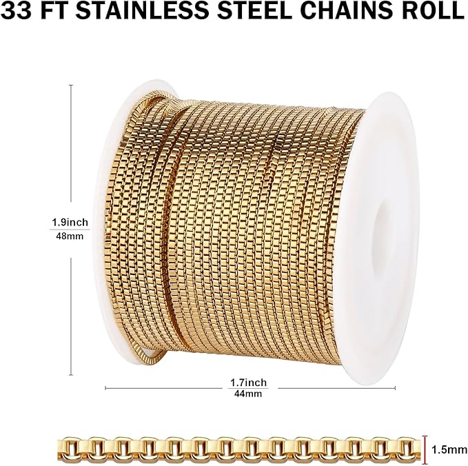 33FT Gold Box Chain for Jewelry Making 1.5MM Gold PVD Plated Staianless Steel Square Box Chain Roll Bulk for DIY Crafts Jewelry Making