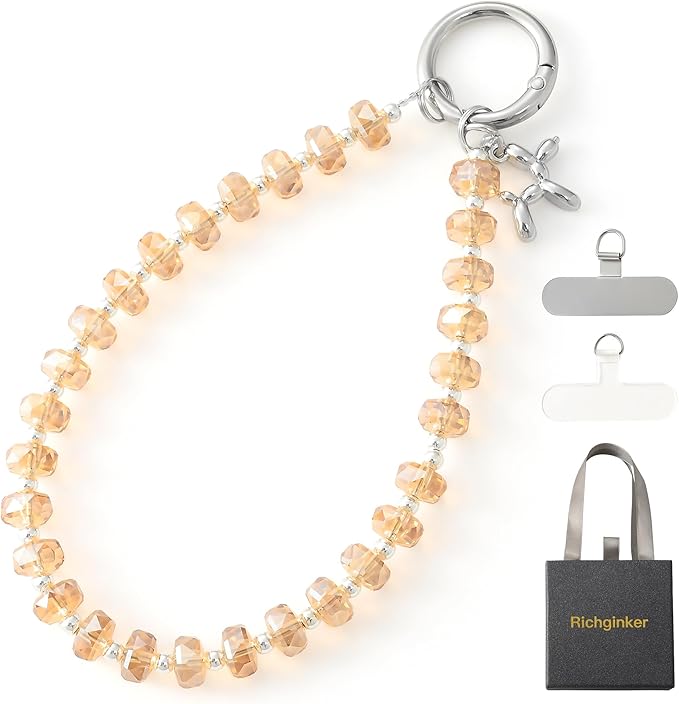 Crystal Phone Wrist Strap Phone Charm Chain Keychain Beaded Cellphone Lanyard with Tether Tab Hands-Free Wristlet Bracelet Wrist Grip Strap for Women, W-Amber