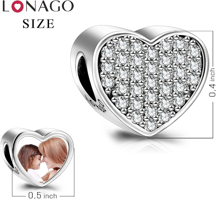 LONAGO 925 Sterling Silver Personalized Photo Charm Fit Compatible for Bracelet Necklace Customized Heart Round Shape Picture Bead