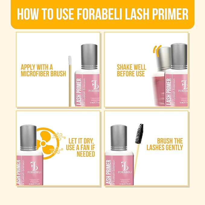 Forabeli Lash Primer for Eyelash Extensions 15ml, Boost Adhesion, Improve Bond Retention, Ideal for Individual and Natural Eyelashes, Supplies for Semi-Permanent Lashes, Removes Oils and Proteins