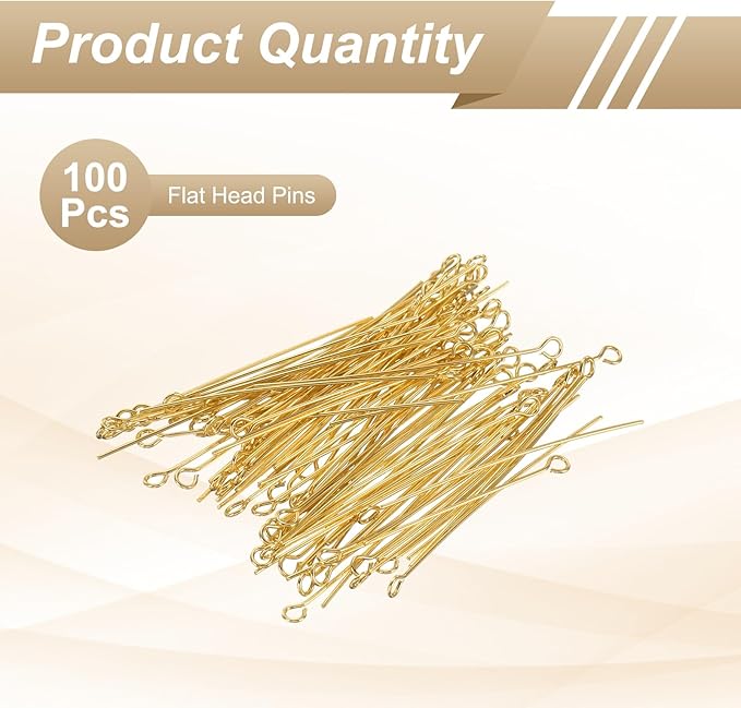 HARFINGTON 100pcs Open Eye Head Pins 1.97" 50mm Mini Metal Wire Eye Pins Beading Small Needles Bulk for Earring Pendant Necklace Bracelet Charm Jewelry Making Findings DIY Craft, 18K Gold