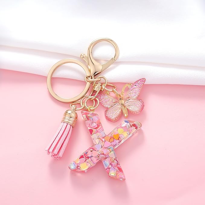 Fashion Alphabet Initial Letter Keychain Tassel Butterfly Pendant Key Ring for Purse Handbags Women Girl