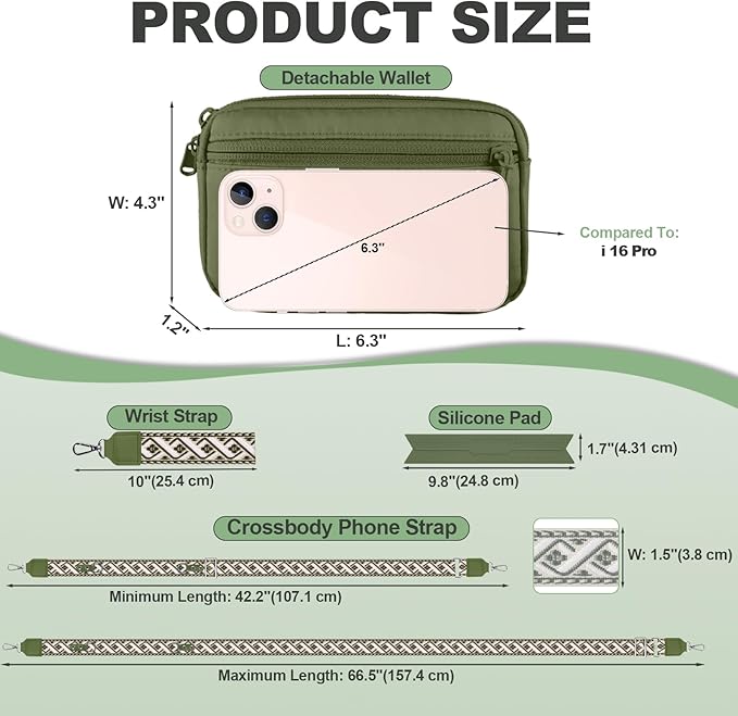Clip and Go Strap for Phone with Wallet Crossbody, Adjustable Phone Lanyard with Detachable RFID Wristlet Wallet, Pattern Strap - Olive Green(M)