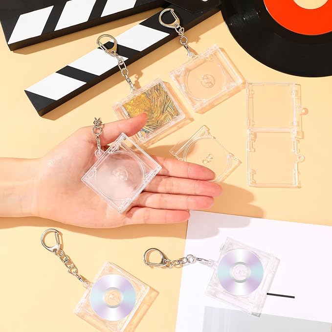 Misdary 10 Pcs Mini Cd Holder Keychain Album Case Plastic Player Shaped Key Pendant Blank DVD Case Clear CD Jewel Keyring for DIY