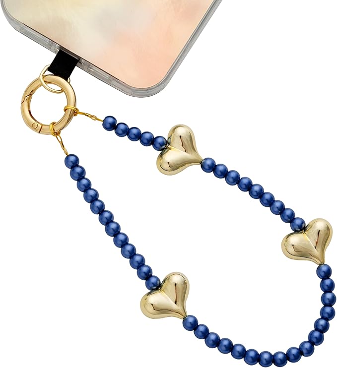 Beaded Phone Wrist Strap for Women Pearl Wristlet Strap Cute Phone Lanyard Golden Heart Shaped Bead Cellphone Chain (Blue)