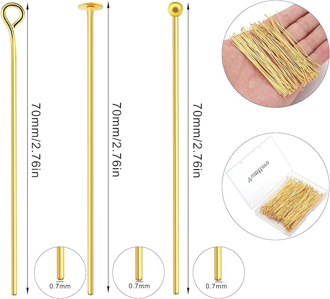 210 Pcs 70mm/2.76 Inch 21 Gauge Eye Pins Head Pins Ball Pins for Jewelry Making, Yumttero Straight Mixed Pin for Craft Earring Bracelet Necklace Pendant Jewelry Making (Mixed Pins,Gold Color)