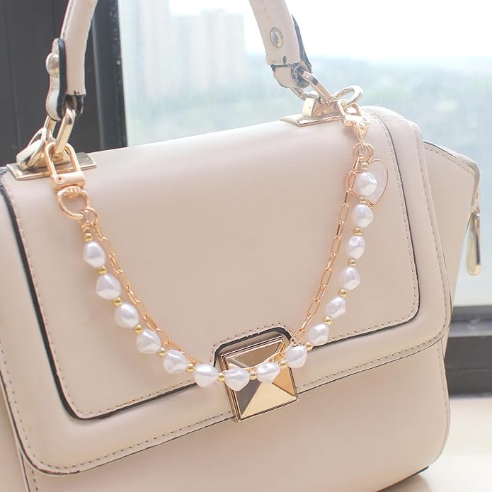 Pearl Beaded Phone Charm Wrist Strap,Cute Bracelet Wristlet Lanyard,Gold Double Chain for Phone Case,Purse Bag Wallet