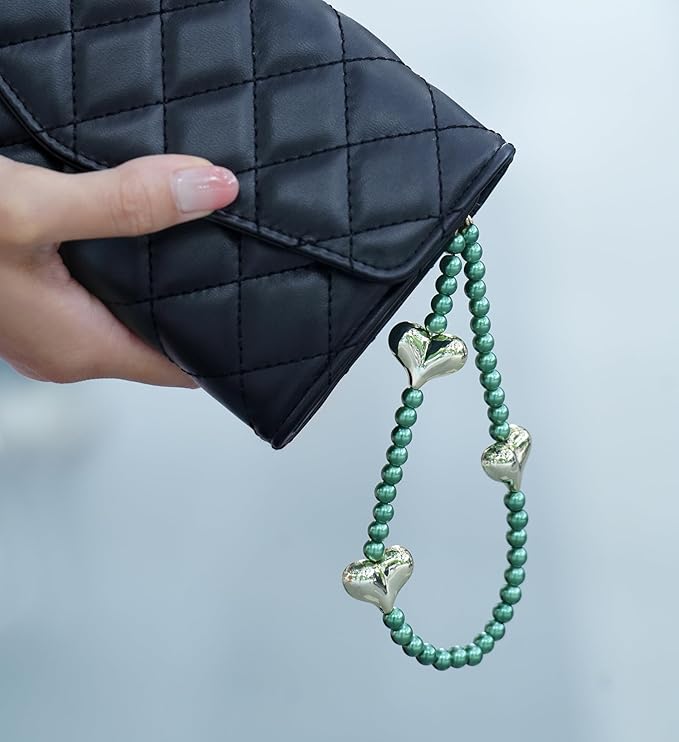 Beaded Phone Wrist Strap for Women Pearl Wristlet Strap Cute Phone Lanyard Golden Heart Shaped Bead Cellphone Chain (Green)