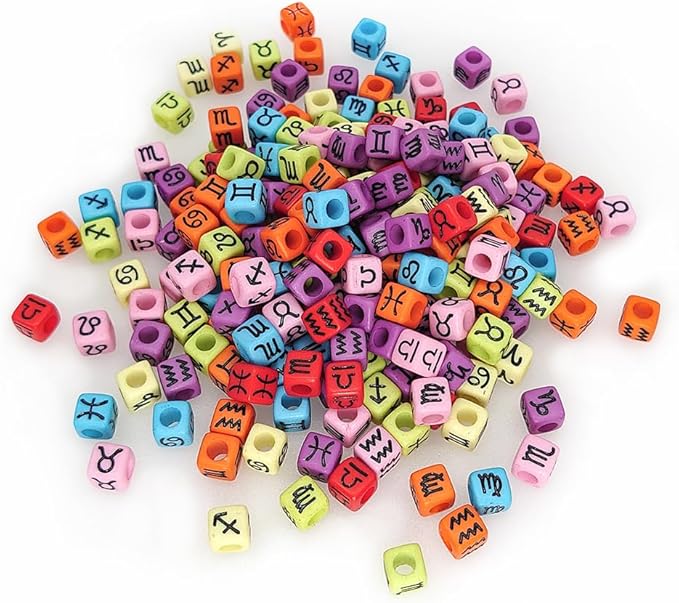 200+ Pieces 7x7mm Colorful Black Cube Acrylic Alphabet Zodiac Charms Constellation Beads Mixed Plastic Shape Loose Beads for Jewelry Making Bracelets Necklaces Key Chains (Black on Colorful Beads)
