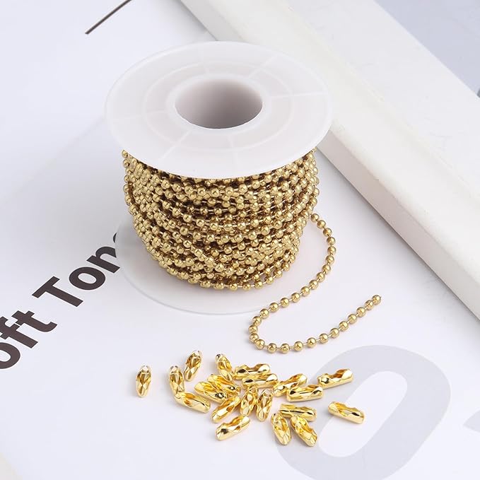 Topacket 33Feet Ball Bead Chain 18K Gold Stainless Steel Dog Tag Chain with Matching Connectors for Jewelry Making Necklace Hanging Bracelets Keychain(2.4mm)