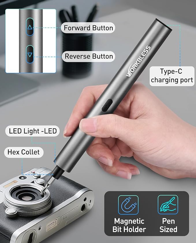 WorkBless Mini Electric Screwdriver, 3.7V Precision Screwdriver Set, 24-in-1 Magnetic Bits, USB-C Rechargeable, Repair Tool Set for Electronics and DIY Projects