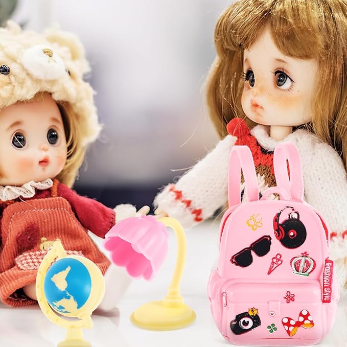 FAVOMOTO 18PCS Mini Doll School Supplies, Kids Dolls Dollhouse Accessories with Backpacks Rulers Desk Lamps Laptops Miniature Plastic Stationery Set for Dollhouse DIY Crafting School Playsets