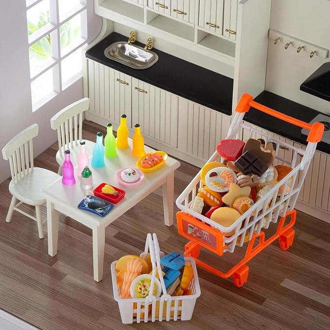 150Pcs Miniature Food Drinks Bottle Toys Mixed for Dollhouse Kitchen Accessories Mini Play Fake Resin Pretend Game Party Tableware 1/12 Doll House Bread Cake Models Micro