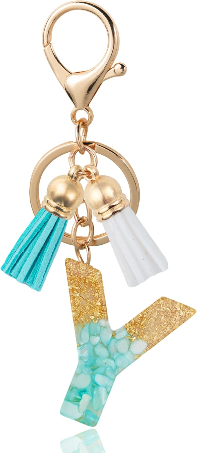 Initial Letter Keychain Cute Resin with 2 PU Tassel, Letter Keychain for Backpack Charms, Initial Keychains for Women