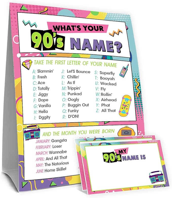 90s Theme Party Decorations, 90'S Theme Birthday Party Sign Decoration for Boys Girls, Kids Activity Cards, What's Your 90'S Name, Activity Decoration Supplies