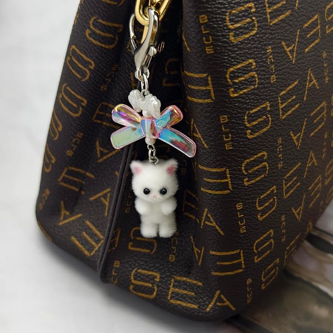 Cute Cat Keychain, Y2K Heart Bow Pendant, Kawaii Cat Bag Charm