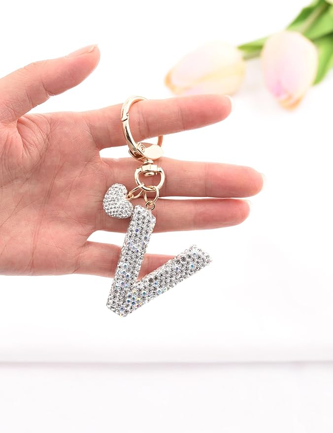 Initial Keychain for Women Girls,Bling Letter Key chain Initial with Heart,Pink Keychain Charms for Backpack Handbag