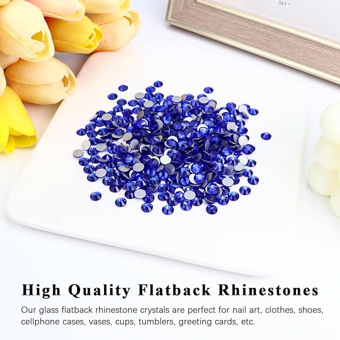 1440PCS SS6 Crystal Glass Flatback Rhinestones, Round Flat Back Crystal Gems for Nail Art and Craft Clothes, Glue Fix Diamond Stones Sapphire/Royal Blue (1.9-2.0mm)