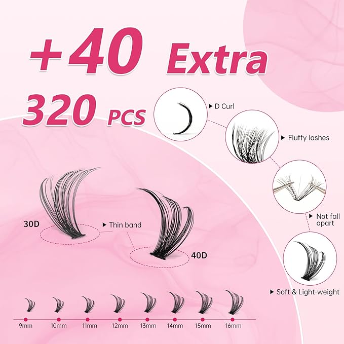 URNNE Lash Clusters 30D+40D 320pcs Eyelash Clusters 9-16mm Wispy Individual Lashes D Curl Cluster Eyelash Extensions DIY Lash Extension for Self（LD12）