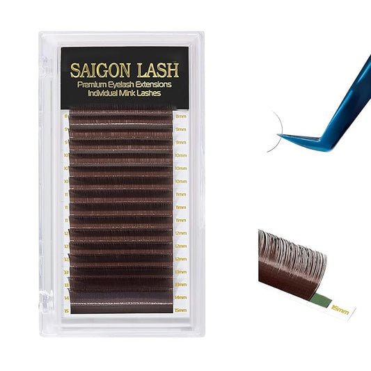 SAIGON LASH Eyelash Extensions, Mink Lash, Volume & Classic Lashes for Professionals, J/B/C/CC/D/L/M Curl, 4-15mm Length, Soft Korean PBT Fiber, 16 Rows Lash Tray (Dark chocolate-C-0.07-8-15mm)