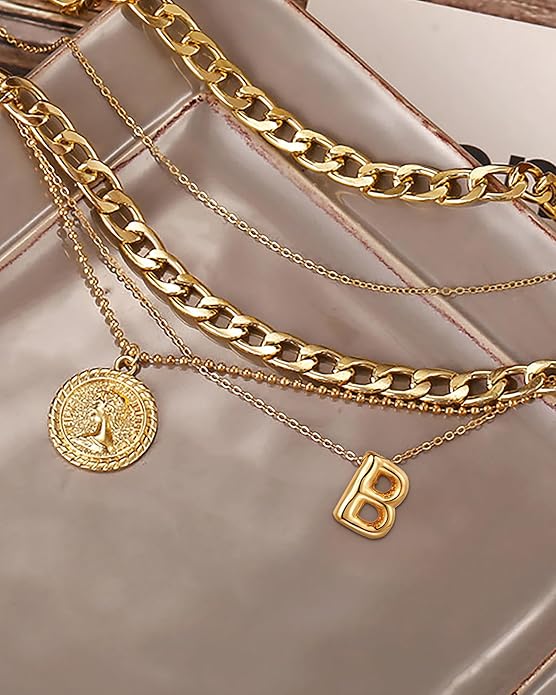 MJartoria Layered Necklaces for Women Trendy Balloon Initial Coin Pendant Necklace Dainty Chunky Chain Choker Necklaces Jewelry Birthday Gifts