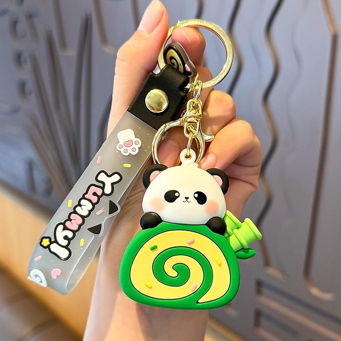 Girly Super Cute Lovely Pink Brown Swiss Roll Bread Cake Cat Kitty Panda Keychain Key Ring Bag Charm Pendant