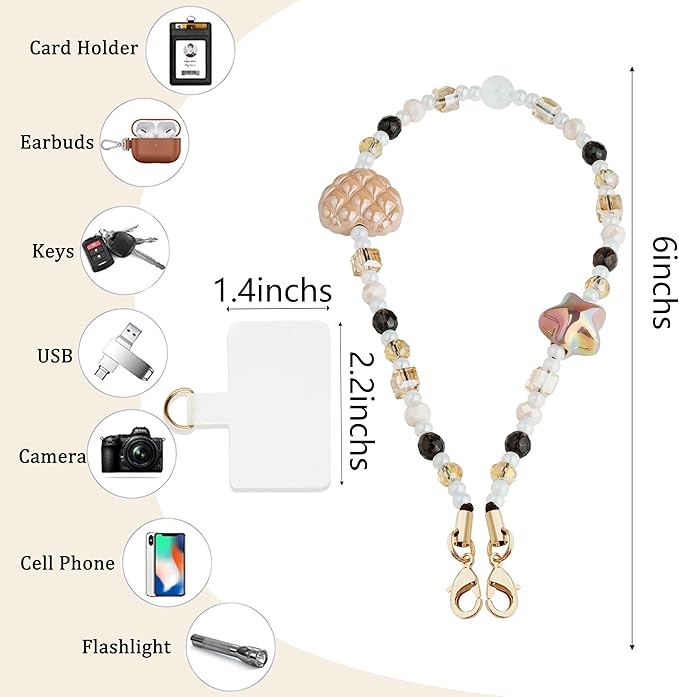 Marble Beaded Phone Wrist Strap,Detachable Phone Bracelet Strap with Tether Tab,Hands-Free Wristlet Strap (Khaki)