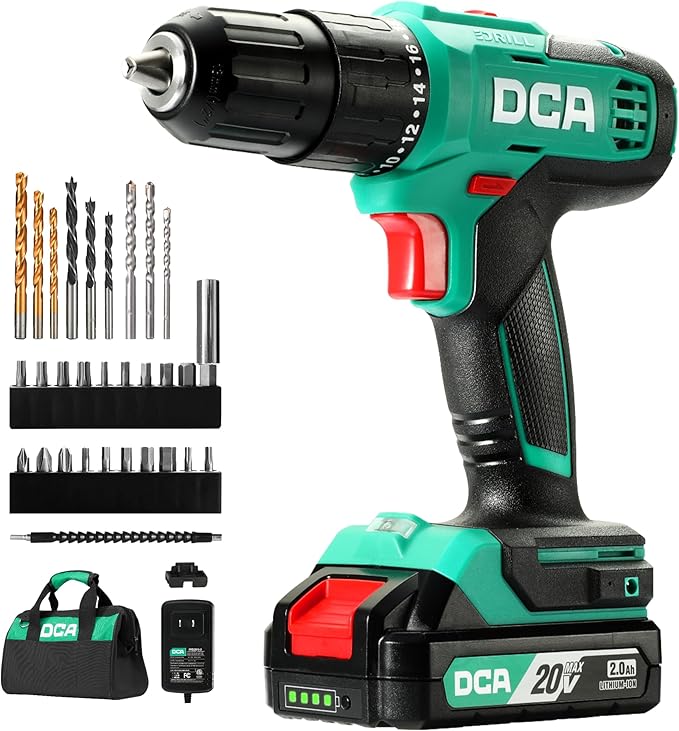 DCA 20V Cordless Hammer Drill Set, 354 In-lbs Torque, 1/2" Keyless Chuck, 22500 IPM, 2 Variable Speeds, 18+1+1 Position, Power Impact drill with 14 Drill/Driver Bits for Brick, Metal, Wood ADJZ2035i13