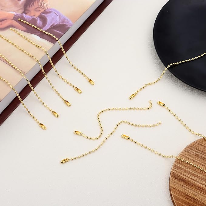 Lemonkey 10Pcs Ball Beads Chain Bulk,Gold Keychain Rings Metal 4 Inch Dog Tag Metal Small Chain with Connectors for Hanging Decoration