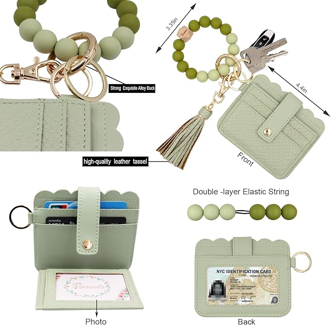 Keychain Wallet Wristlet Small Credit Card Holder Bracelet Key Chain Purse Bangle Tassel Beads Key Rings for Women