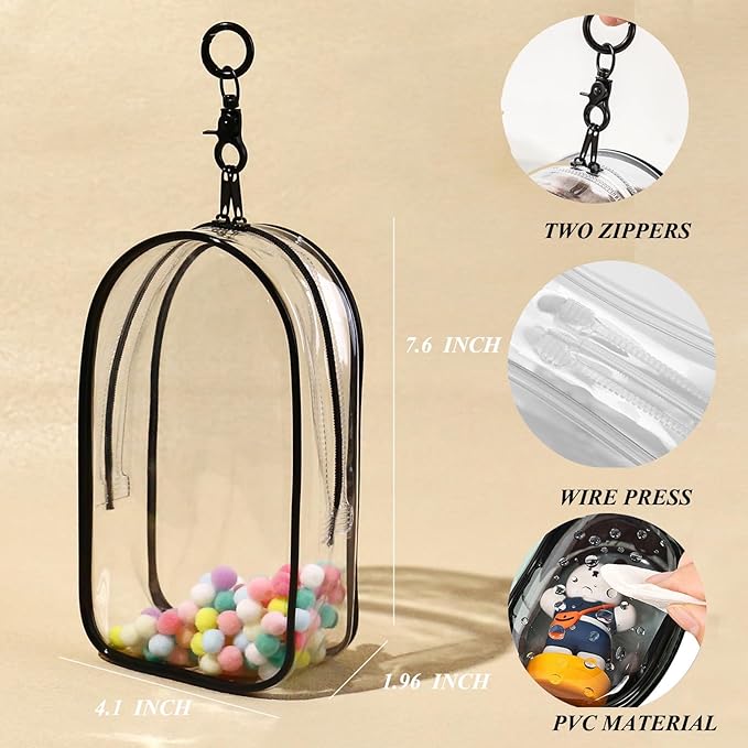 Large Clear Figure Display Bag with Keychain Case 6" to 7" Doll Keychain Carrying Case Clear Pouch Charms for Collectibles (Black, Large)