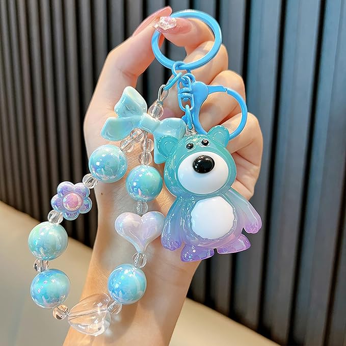 Bear Keychain For Women, Acrylic Bow Heart Flower Beaded Wristlet Gradient Color Colorful Gift Accessories