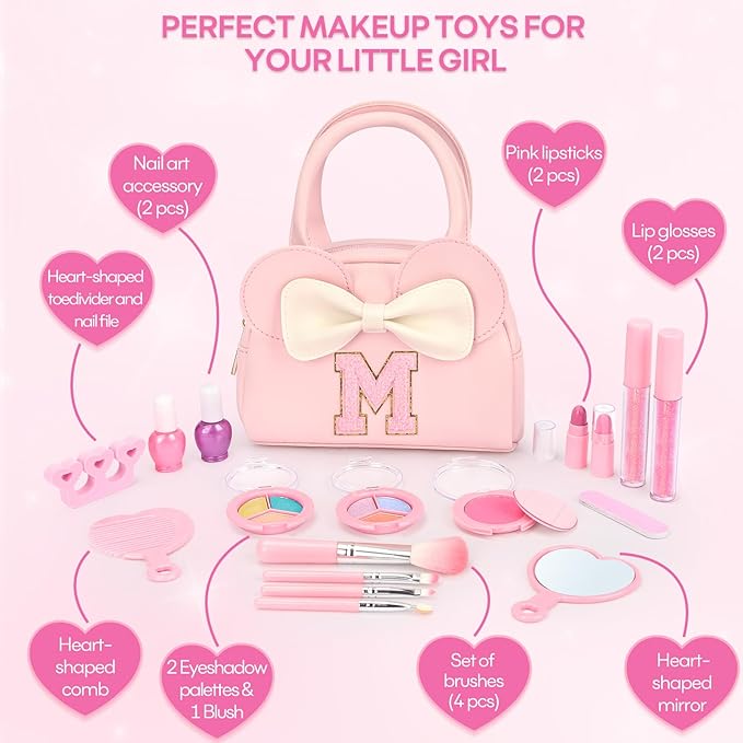 Kids Real Makeup Kit for Girls - 18Pcs Non-Toxic Washable Make Up Toys with Initial Toddler Purse - Personalized Birthday Gifts for Age 3 4 5 6 7 8 9 10 Years Old Girls Vanity Set - M